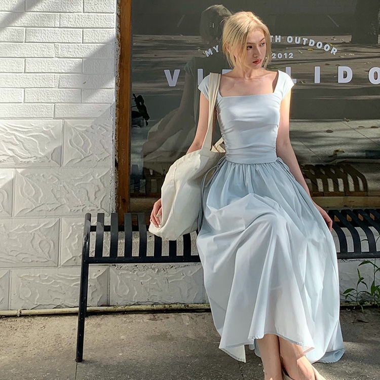 Đầm Dài Dệt Kim Cổ Vuông Eo Cao Thời Trang Mùa Hè 2022 Mới