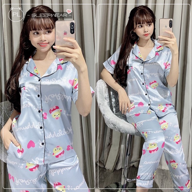 Bộ lụa tay ngắn quần dài đính nơ | BigBuy360 - bigbuy360.vn