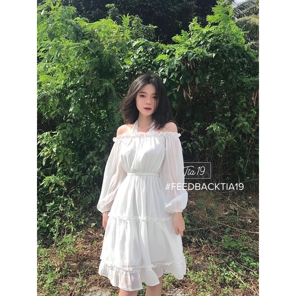 Váy trắng tầng trễ vai voan . Đầm cổ vuông tay bồng dài tay dáng xoè  MAY_1989