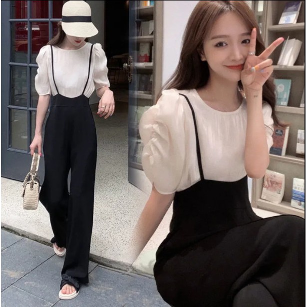 Áo Thun Tay Lửng + Quần Dài Ống Rộng Lưng Cao Phong Cách Hàn Quốc Thời Trang Cho Nữ