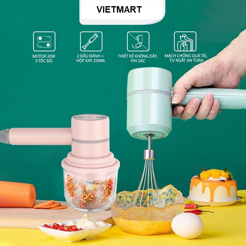 Máy đánh trứng cầm tay không dây - máy đánh trứng làm bánh làm kem chuyên nghiệp vận hành êm ái sạc pin dễ dàng