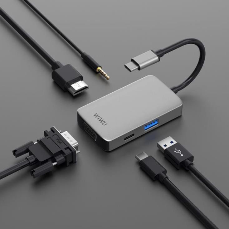 Bộ Hub Type C Macbook Laptop Ipad WiWU 5 in 1 Đầu Ra 1 HDMI, 1VGA, 1 USB, 1 Type C PD Và Jack 3,5mm