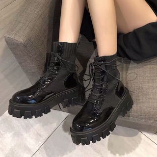 (Sẵn 37bóng. 38,39 lì)⚡️Bốt nữ da PU cao cổ phối len độn đế cá tính - 2 ảnh feeback cuối