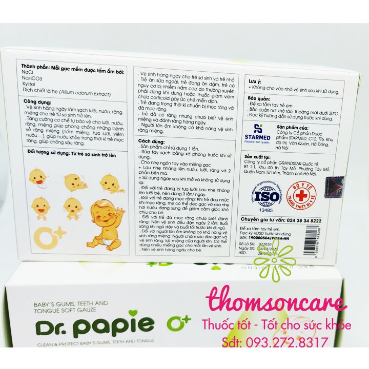 Gạc rơ lưỡi cho bé Dr Papie - gạc lau răng, rơ miệng cho bé - Hộp 30 gói