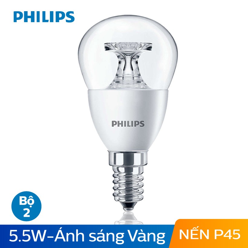 Bộ 2 Bóng đèn Philips LED Nến 5.5W 2700K E14 230V P45 - Ánh sáng vàng