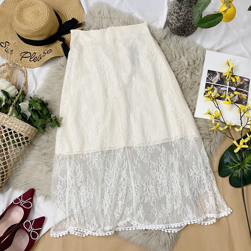 Chân váy midi Bigsize, chân váy ren dáng dài thời trang thanh lịch phong cách Hàn Quốc dành cho các nàng béo 55-90kg