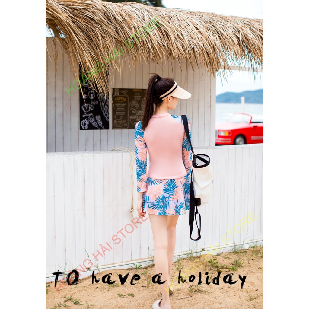 Bộ đồ bơi bikini kín đáo nữ hai mảnh đi tắm biển áo dài tay kèm váy giấu bụng che nắng - B.29