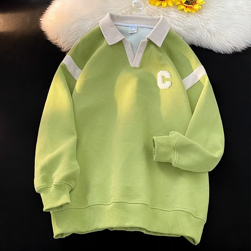 Áo Thun POLO Dài Tay Cổ Chữ V Form Rộng Thêu Chữ Thời Trang Dành Cho Nam