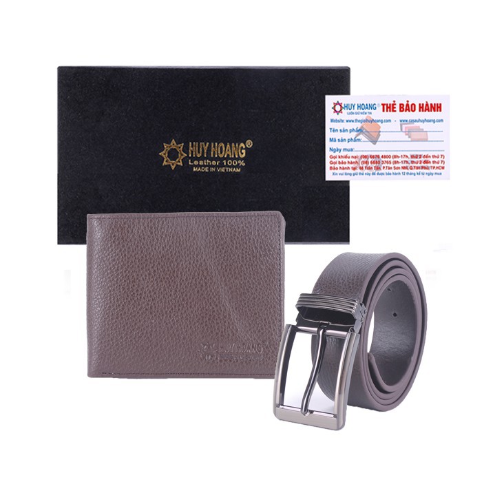 Bộ ví & Thắt lưng nam Huy Hoàng đầu kim màu nâu XH2115-XH4109