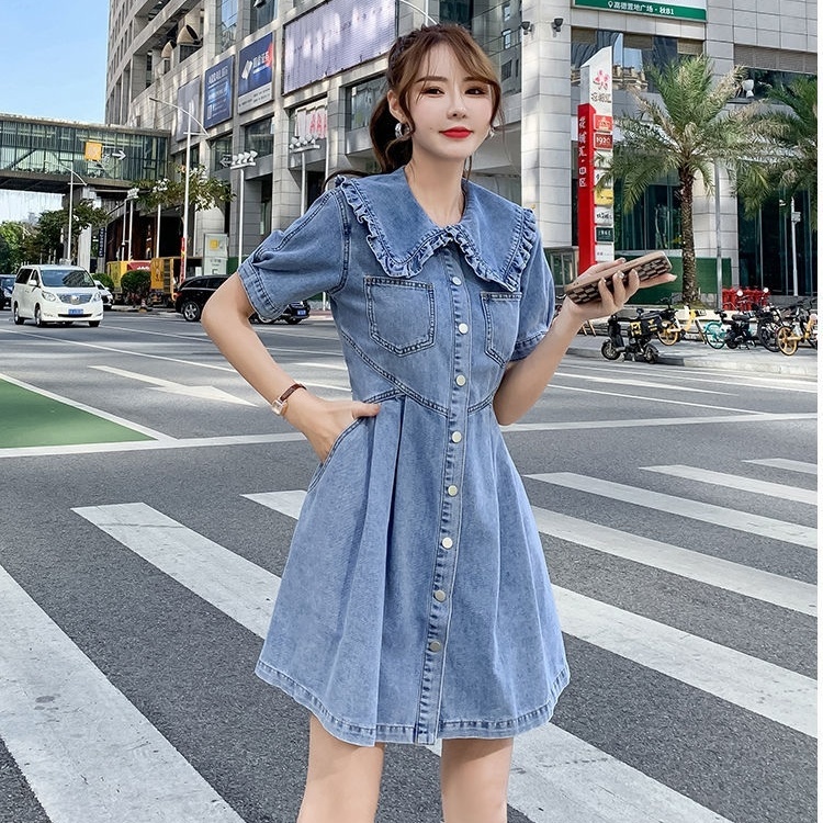 Đầm Denim Dáng Chữ a Tay Ngắn Cổ Búp Bê Phong Cách Phương Tây Thời Trang Mới 2022