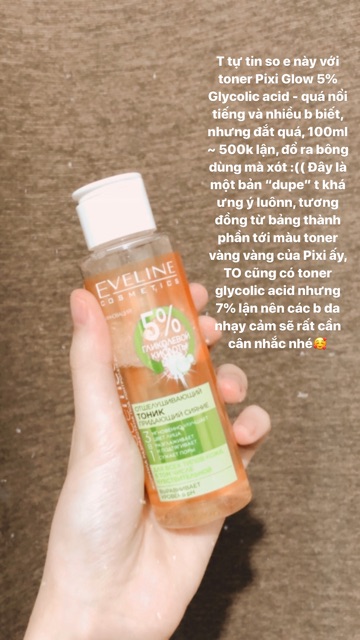 Toner Eveline 5% Glycolic acid làm da căng bóng, sáng mịn, mờ thâm sạm