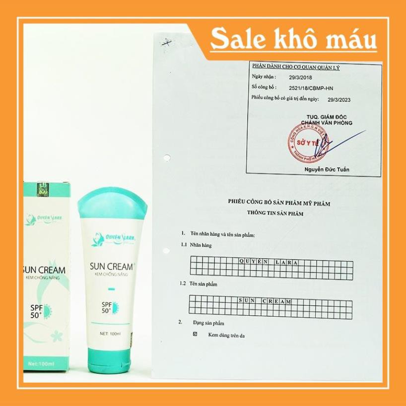 Kem Chống Nắng Sun Cream Quyên Lara 100ml dành cho da bị mụn trứng cá, da dầu và da hỗn hợp chống nắng  hiệu quả