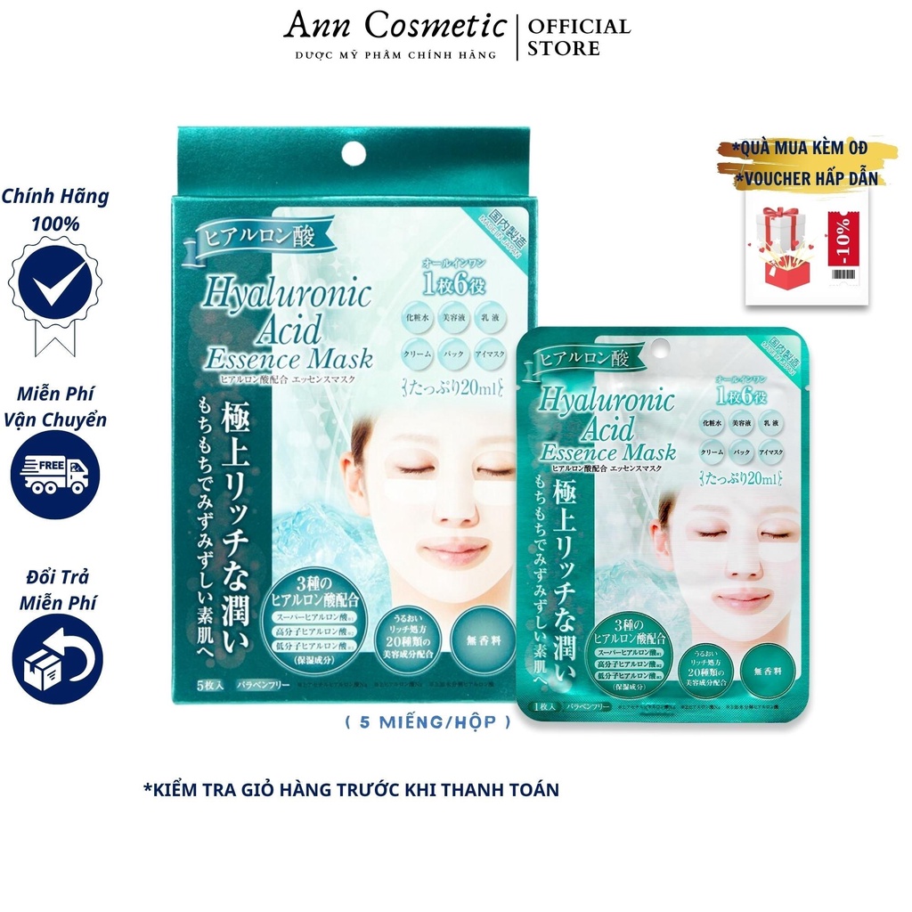 Mặt nạ dưỡng da Hyaluronic Acid Essence Mask Nhật Bản giúp dưỡng ẩm trắng da chống lão hóa da ( Hộp 5 miếng )