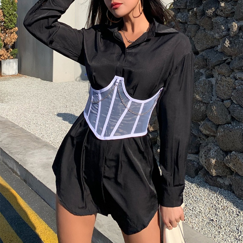 Brroa Áo Nịt Bụng Vải Lưới Phối Dây Xích Kim Loại Định Hình Eo Phong Cách Punk Gothic Harajuku Cho Nữ