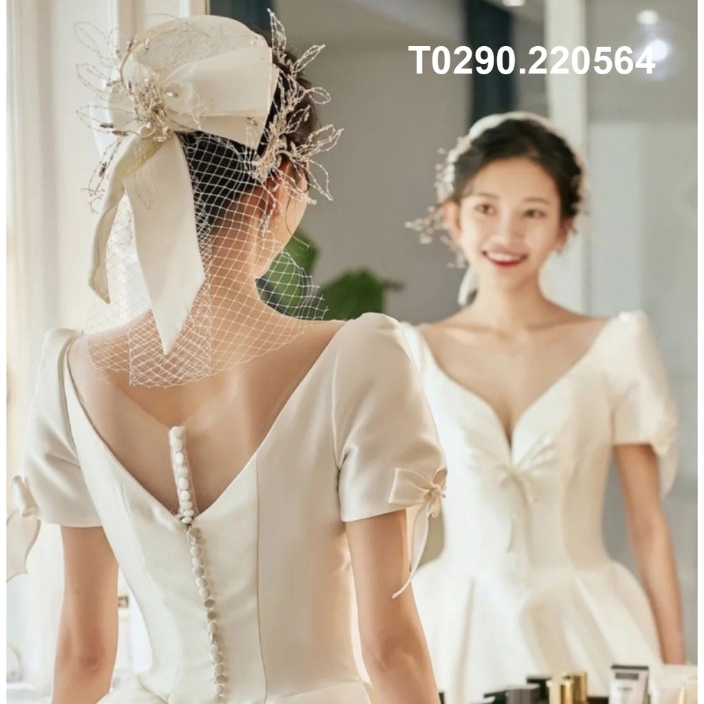 Mũ - nón chụp hình cô dâu thuyền nơ lưới dài đính hạt trai đắp voan Trắng
