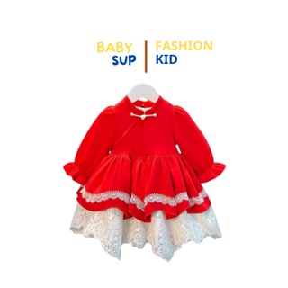 Váy đầm công chúa đỏ BABY SUP cổ tàu chân ren cho bé cân nặng 10-22kg