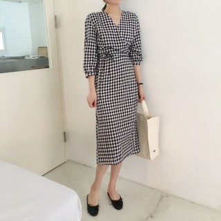 Đầm midi caro thắt nơ eo