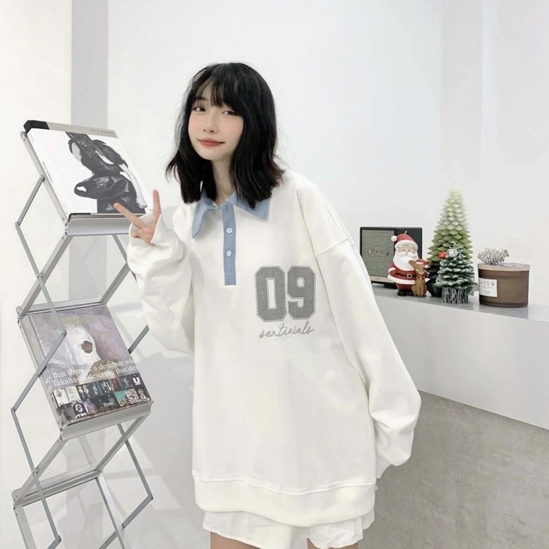 [ẢNH THẬT] Áo Sweater Polo Tay Dài Số 09 Unisex Dáng Rộng, Áo Polo Dài Tay Nỉ Bông 2 Màu Đen Trắng VaTi