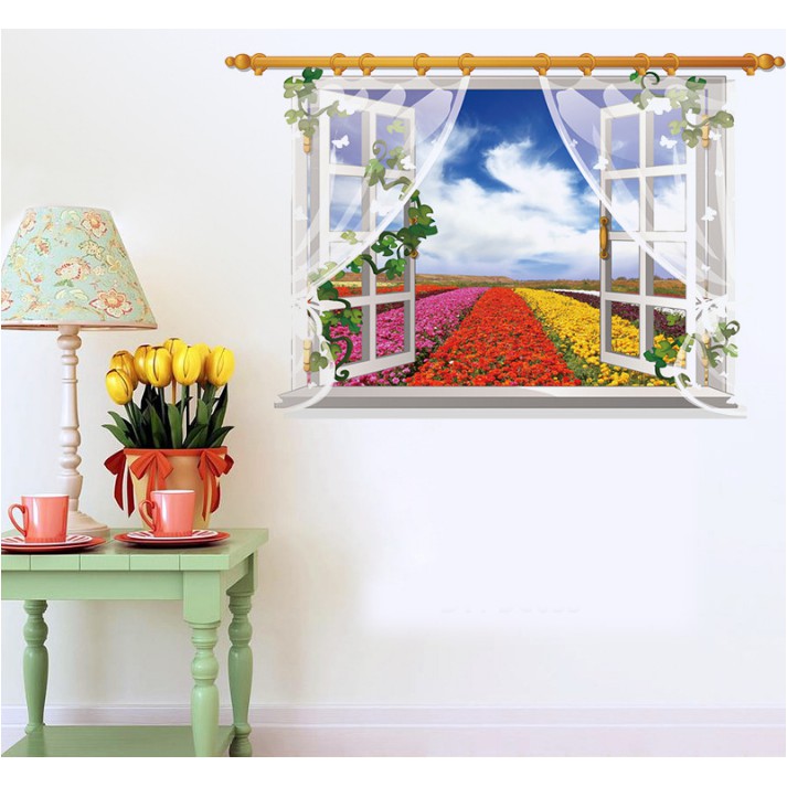Decal trang trí cửa sổ 3D 60x90cm luống hoa sắc màu