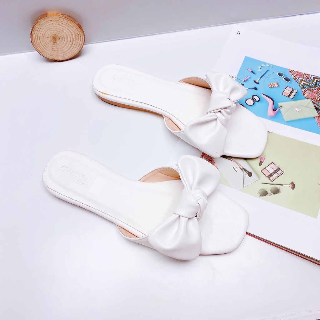 Dép nơ GÓT XINH GX4 màu xanh lá đế bệt da mềm
