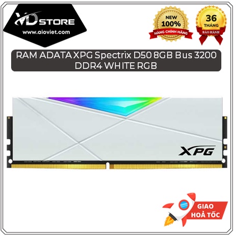 Bộ nhớ RAM D4 ADATA XPG Spectrix D50 8GB Bus 3200 DDR4 WHITE Version có led RGB - Hàng new chính hãng, BH 60 tháng