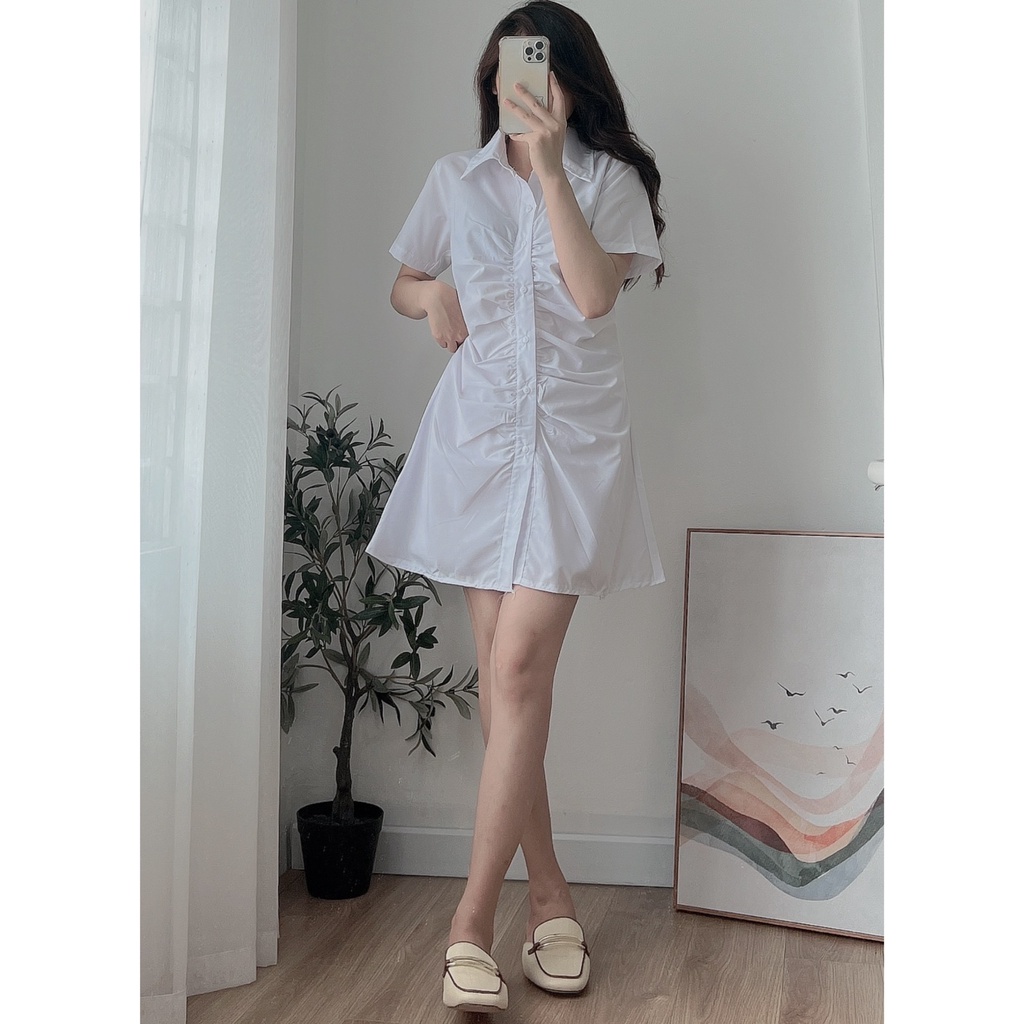 Váy Sơ Mi May Dúm Giấu Khuy PEONYB Nữ [FREESHIP] Đầm body cộc tay kiểu dáng bánh bèo tiểu thư hàn quốc Ulzzang