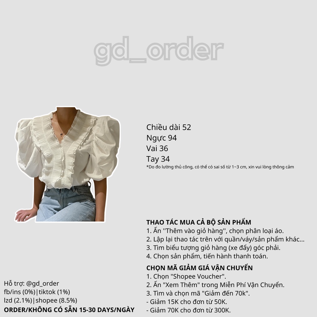 [CÓ SẴN] A35|Áo sơ mi nữ hàn quốc kiểu đẹp thiết kế cổ V xếp ly tay phồng cao cấp gd_order