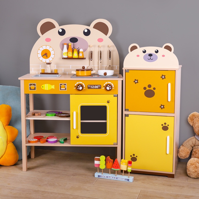 ❀⋮ Đồ Chơi Trẻ Em Bằng Gỗ, Đồ Dùng Nhà Bếp, Đồ Nướng, Bếp, Bếp, Tủ Lạnh, Đồ Chơi Nhà Bếp Mô Phỏng Âm Thanh Và Ánh Sáng