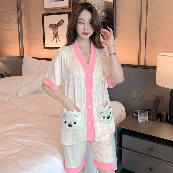 Bộ Đồ Ngủ Tay Ngắn Dáng Rộng Chất Lụa Sữa Phong Cách Hàn Quốc Thời Trang Cho Nữ