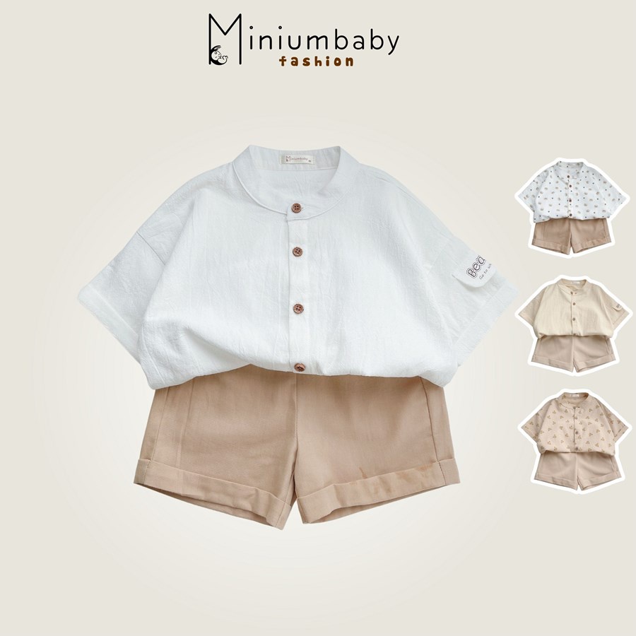 Áo sơ mi thô boi cộc tay mùa hè cho bé trai họa tiết hổ, gấu MiniumBaby-A1215