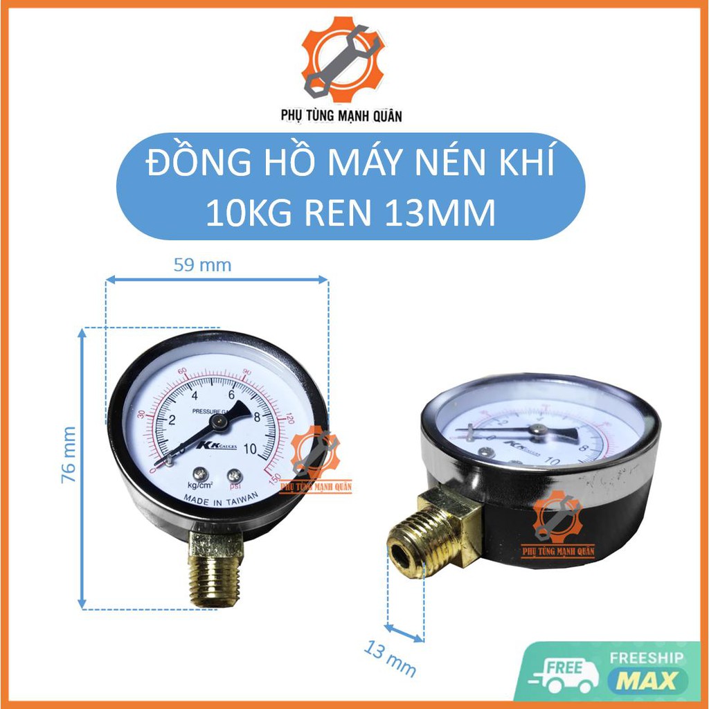 Đồng hồ máy nén khí 10kg ren ngoài 13mm