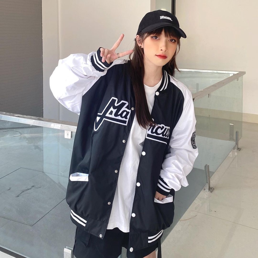 Áo khoác bomber Marcus freesize nỉ lót bông dày ấm cotton CVC phối đen trắng túi khơi độc đáo