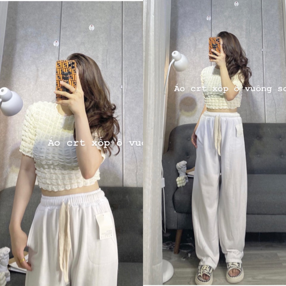 Áo croptop xốp ô vuông nữ, croptop ôm body tay ngắn mềm mại co giãn nhẹ 4 chiều phong cách năng động