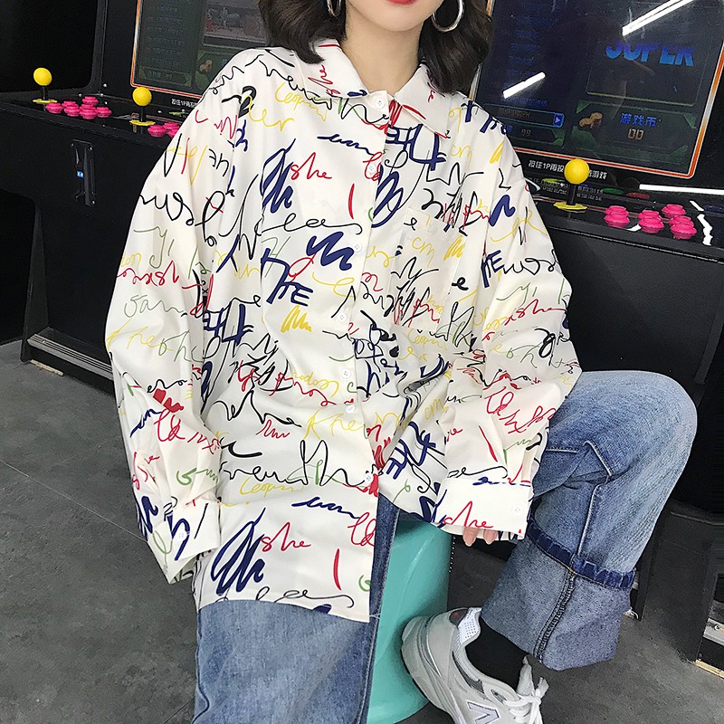 Áo sơ mi tay dài/tay ngắn in chữ phong cách graffiti thời trang Hàn Quốc và mũ thời trang (bán riêng) | BigBuy360 - bigbuy360.vn