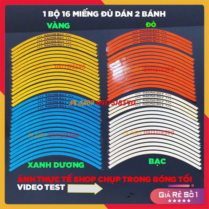 DECAL RACING PHẢN QUANG DÁN VÀNH RCB (TEM CHỈ VÀNH 1 BỘ ĐỦ DÁN 2 BÁNH) (hình thật)