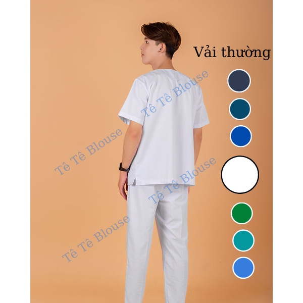 Bộ SCRUBS cổ tim phòng mổ, đồng phục phẫu thuật, Spa, phòng khám, Bác Sĩ, màu TRẮNG, chất vải LON mỏng và Thun co giãn
