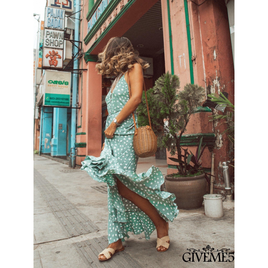 Đầm 2 dây dài dáng rộng họa tiết chấm bi xinh xắn  dành cho nữ