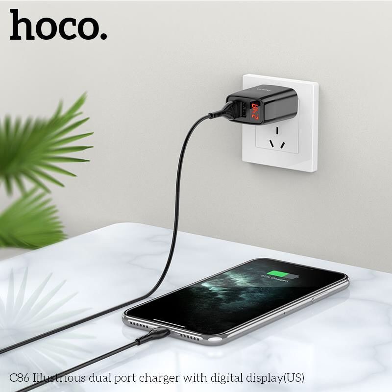 Củ sạc Hoco C86 dòng 2.4A gồm 2 cổng USB có màn LED, cóc sạc dùng cho iPhone / iPad / Android - Chính hãng