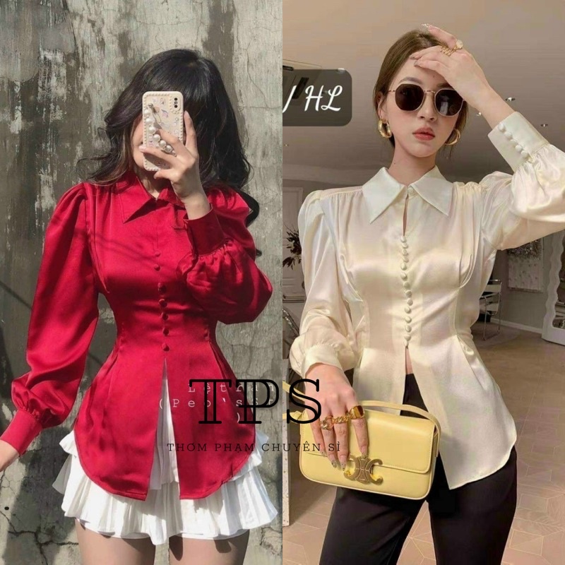 Áo sơ mi lụa nữ cúc bọc thắt nơ lưng