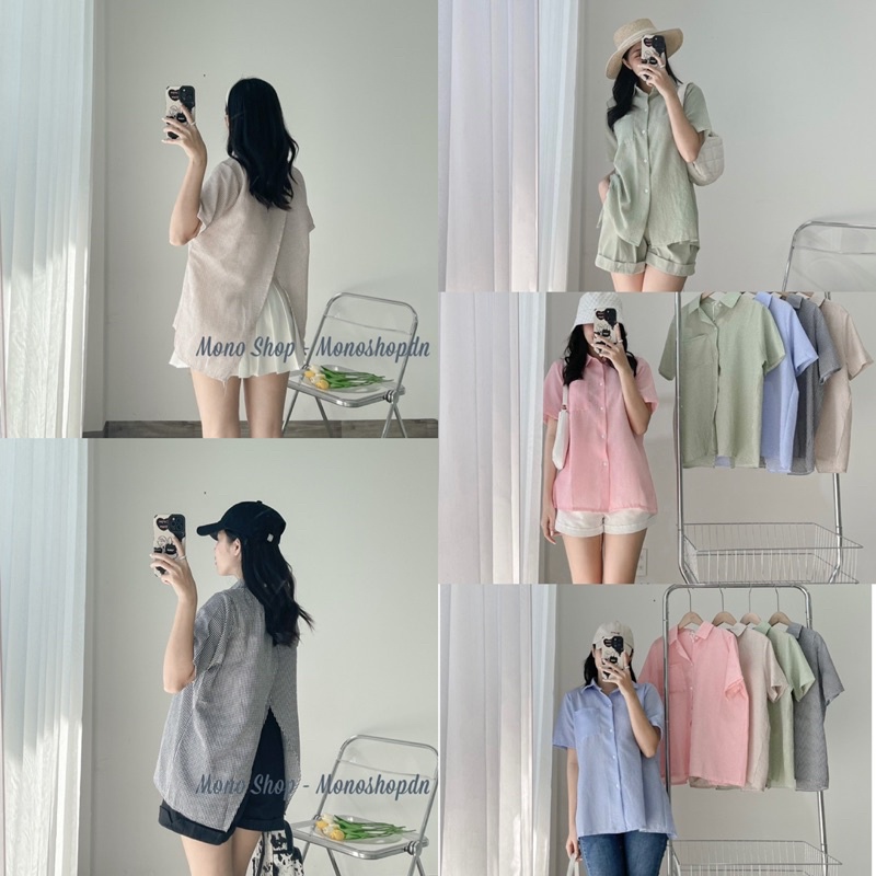 Áo sơ mi kẻ sọc tay ngắn xẻ lưng Ảnh thật/ sẵn