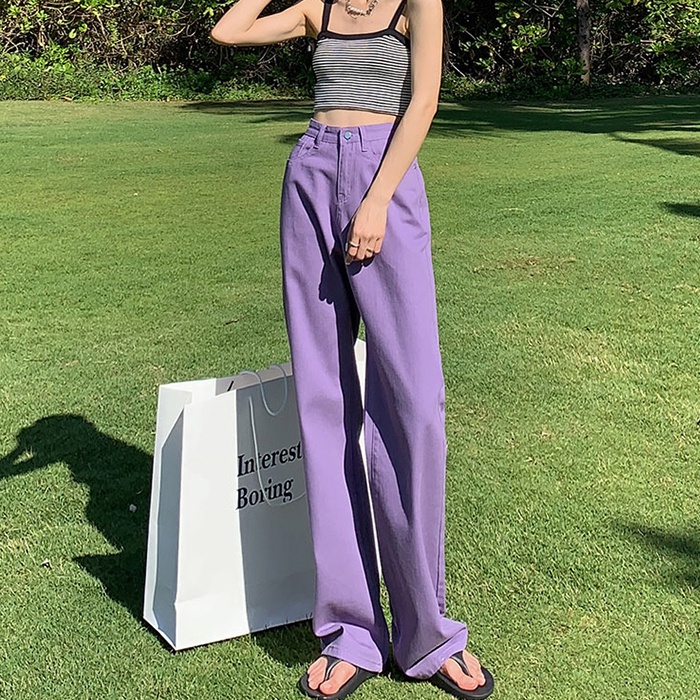 SUXI Quần Jean Nữ Ống Rộng Lưng Cao Màu Sắc Đơn Giản