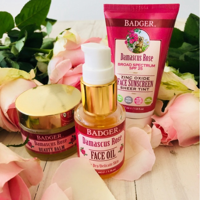 Set Badger rose face oil dầu dưỡng da hoa hồng, kem dưỡng beauty balm damascus rose, kem chống nắng hữu cơ 29.5ml