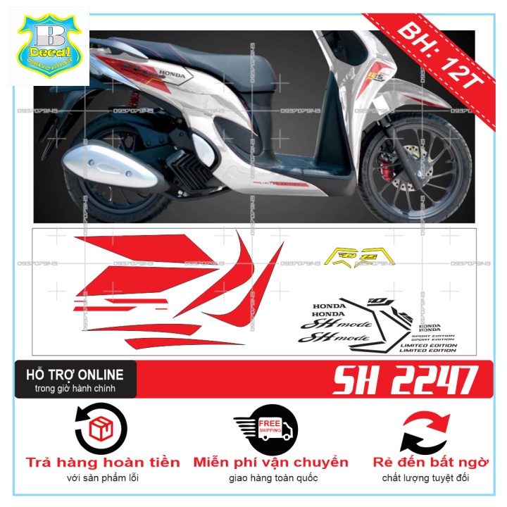( Quí khách vui lòng mang ra tiệm cho thợ dán ) Tem SH MODE TRẮNG ĐỎ [Bi Decal]