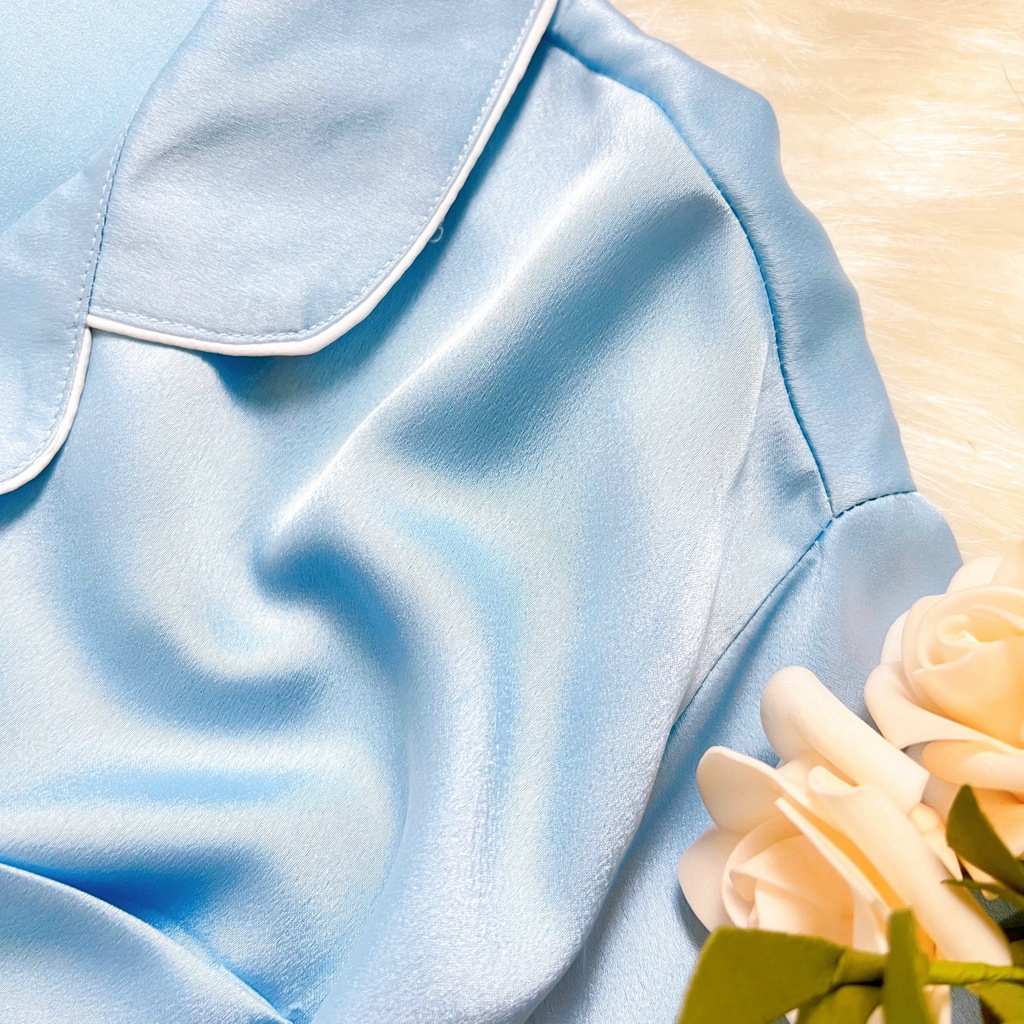 Đầm ngủ nữ lụa satin viền trắng , Váy ngủ mặc nhà cộc tay dáng suông vải mát ít nhăn GHP-Garment