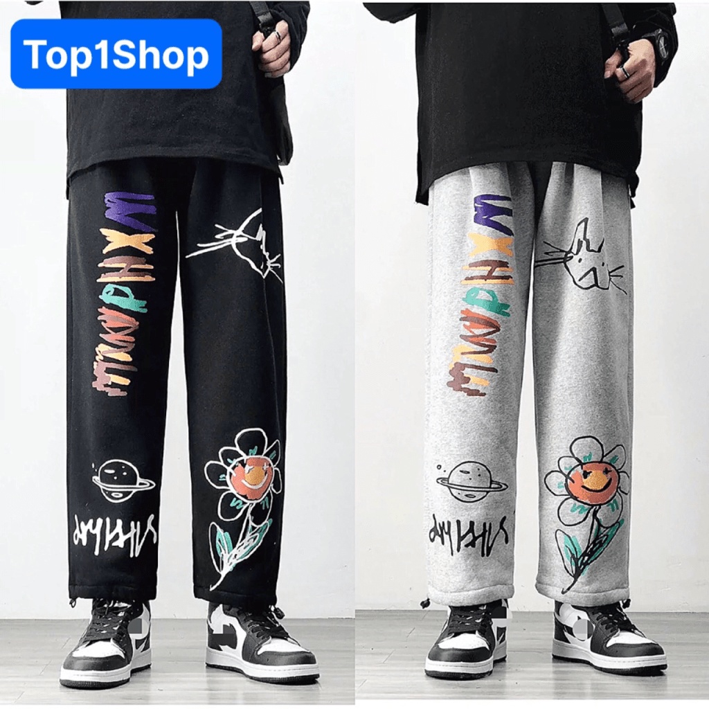 Quần ống rộng thể thao Unisex họa tiết Hoa Zumbie HXM chất nỉ bông cao cấp có dây rút ở gấu mặc được 2 kiểu