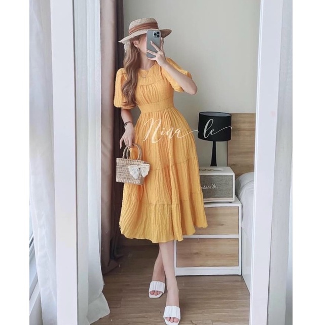 Đầm maxi di biển cổ tròn tay con bo eo xinh đẹp