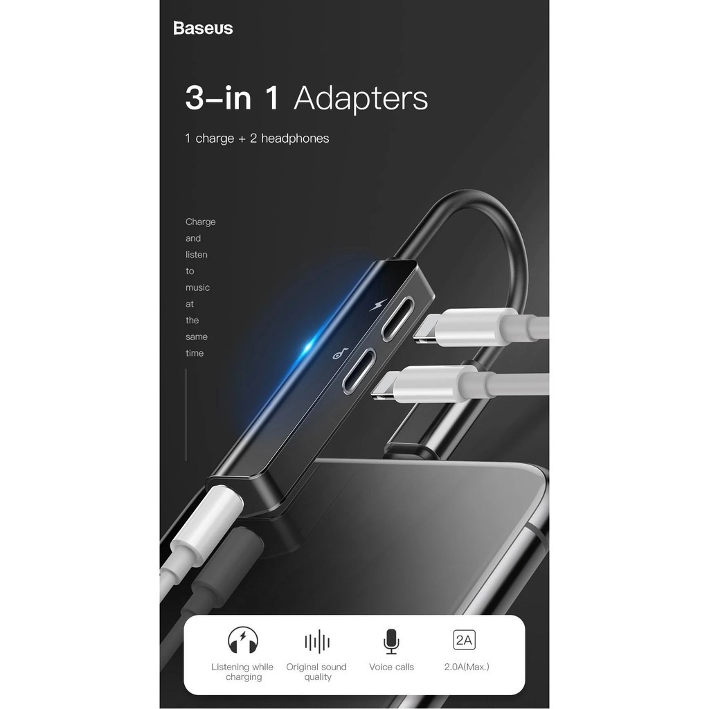 Jack chuyển đổi tai nghe iphone l52 3 in 1 vừa sạc vừa nghe có mic chân lightning chính hãng baseus cho các dòng iphone