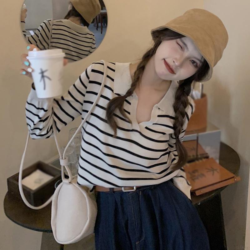 Áo len tay dài dáng rộng họa tiết kẻ sọc phong cách retro Hàn Quốc cho nữ