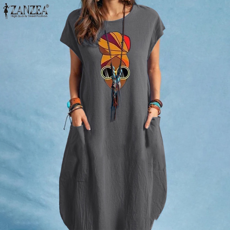 Zanzea Đầm Cotton Cổ Tròn Có Túi Phong Cách Châu Âu Cho Nữ