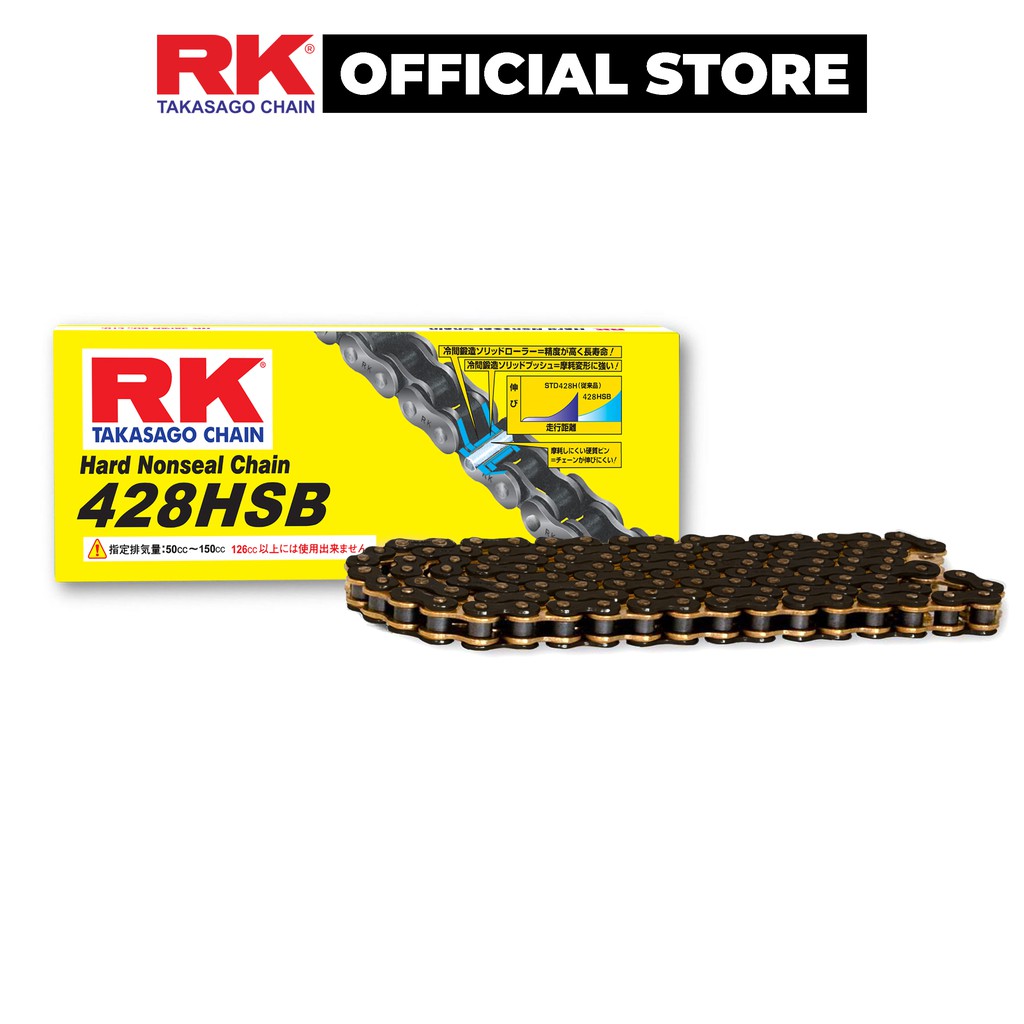 Sên xe máy RK Takasago chain mã BG-428-HSB, màu vàng đen, không phốt cao su, kích thước 10 ly - 428, 124 / 132 mắc sên